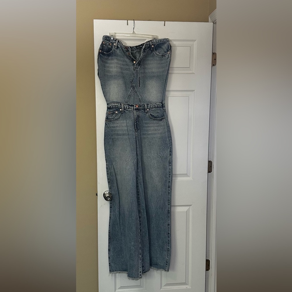 Fashion Nova Light Blue Flare strapless Jean Jumpsuit
